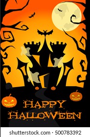 Halloween poster with castle, ghosts, pumpkins, trees, bats.