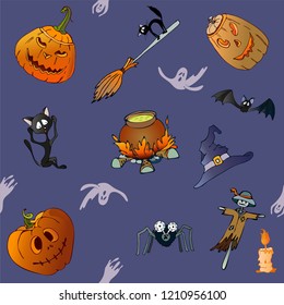 Halloween poster with castle on the background of the moon,spider web, pumpkin and cat on blue background. Happy Halloween pattern.