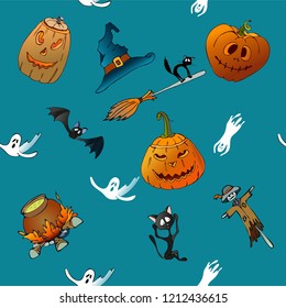 Halloween poster with castle on the background of the moon,spider web, pumpkin and cat on blue background. Happy Halloween pattern.