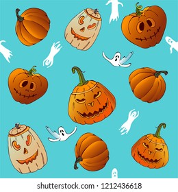 Halloween poster with castle on the background of the moon,spider web, pumpkin and cat on blue background. Happy Halloween pattern.