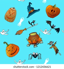 Halloween poster with castle on the background of the moon,spider web, pumpkin and cat on blue background. Happy Halloween pattern.