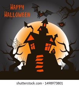 halloween poster with a castle on the background of the moon - vector illustration, eps