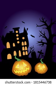 Halloween poster with castle and tree, bats and pumpkins, black silhouettes on dark blue background, stock vector illustration for design and decor, banner, postcard, holiday, halloween
