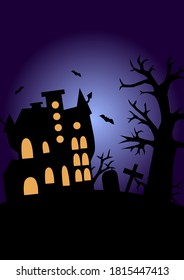 Afiche de Halloween con castillo y árbol, siluetas negras murciélagos sobre fondo azul oscuro, ilustración vectorial de stock para diseño y decoración, cartel, postal, festividad, halloween, invitación