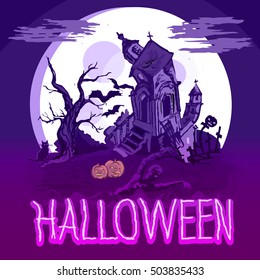 Halloween poster with castle, tree and zombie. Vector illustration