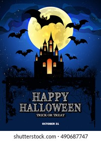 Halloween Poster with castle witch Bats Spider on Grunge Cemetery