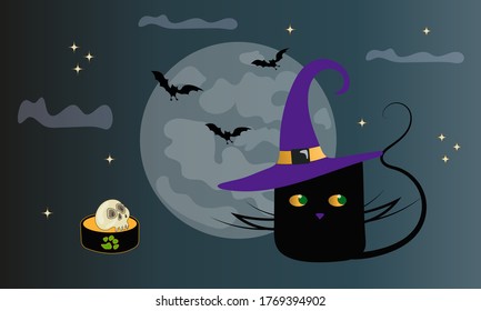 Halloween poster with cat on a background of the moon.
Bats and skull in a cat bowl.
Vector.