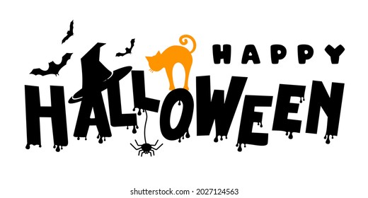 Halloween. A poster for the celebration of Halloween with ghosts, pumpkins, a black cat and bats on a white background. For use in web design, postcards, posters, printing. Vector illustration.