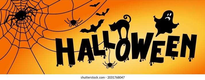 Halloween. A poster for the celebration of Halloween with ghosts, pumpkins, a black cat and bats on an orange background. For use in web design, postcards, posters, printing.