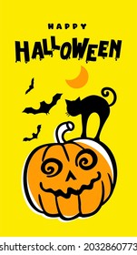 Halloween. A poster for the celebration of Halloween with ghosts, pumpkins, a black cat and bats on an orange background. For use in web design, postcards, posters, printing.