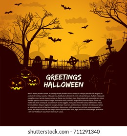 Halloween poster with cemetery gravestones at glow in night sky background  and greetings text flat vector illustration 