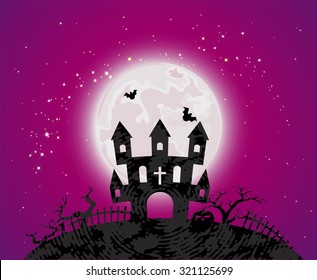 Halloween poster with cemetery haunted house, bats and full moon. Vector illustration.