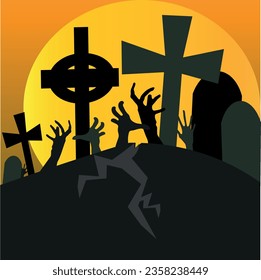 Halloween poster cemetery with zombie hands from the ground