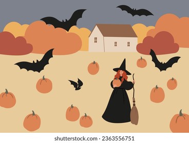Halloween poster with characters and pets in costumes, October festival printable card, Outdoor party wall art print, Flat style vector illustration clipart, Digital download, witch ghost cat dog.