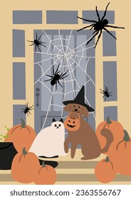 Halloween poster with characters and pets in costumes, October festival printable card, Outdoor party wall art print, Flat style vector illustration clipart, Digital download, witch ghost cat dog.