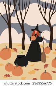 Halloween poster with characters and pets in costumes, October festival printable card, Outdoor party wall art print, Flat style vector illustration clipart, Digital download, witch ghost cat dog.