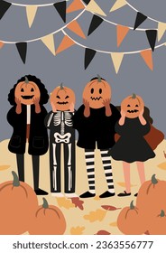 Halloween poster with characters and pets in costumes, October festival printable card, Outdoor party wall art print, Flat style vector illustration clipart, Digital download, witch ghost cat dog.