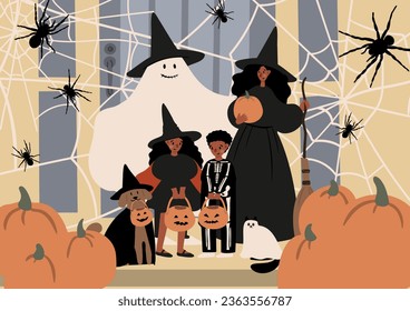 Halloween poster with characters and pets in costumes, October festival printable card, Outdoor party wall art print, Flat style vector illustration clipart, Digital download, witch ghost cat dog.