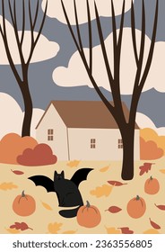 Halloween poster with characters and pets in costumes, October festival printable card, Outdoor party wall art print, Flat style vector illustration clipart, Digital download, witch ghost cat dog.