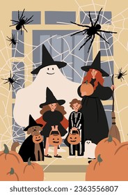 Halloween poster with characters and pets in costumes, October festival printable card, Outdoor party wall art print, Flat style vector illustration clipart, Digital download, witch ghost cat dog.
