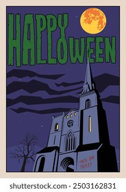 Halloween Poster, Church, Full Moon, Dry Tree. Vector Halloween Illustration for Holiday Party, Event. Medieval Cathedral, Trick or Treat Graffiti