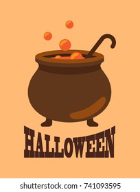 Halloween poster with closeup of witch cauldron, pot with potion in it, bubbles and big spoon, witchery on vector isolated on orange background