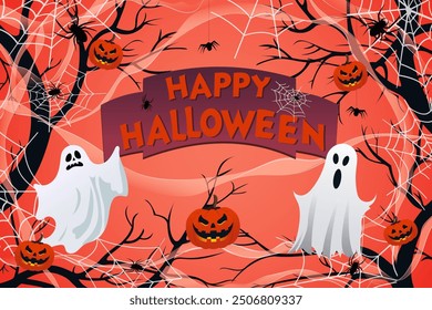 Halloween poster with cobwebs, ghosts, pumpkins, bats, spiders, trees and Happy Halloween text. Halloween holiday banner for design and print.