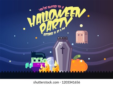 Halloween poster with coffin, ghosts, pumpkin and zombie. Invitation template for Halloween party. Flat vector illustration.