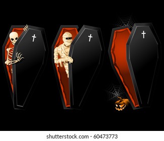 Halloween poster with Coffin and Skeleton inside