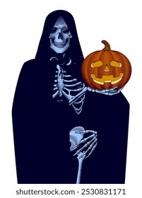 Um cartaz de halloween em cores vintage gravura estilo com um esqueleto humano segurando uma abóbora como jack o lanterna em sua mão isolado no branco. Ilustração vetorial