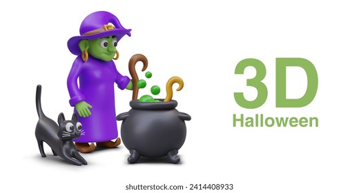 Halloween poster. Composition with old witch with green face and purple costume and black cat standing near boiling purple potion. Vector illustration in 3d style with place for text