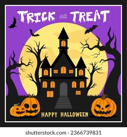 Halloween poster cover design with haunted house silhouette and jack-o-lantern pumpkins, vector illustration