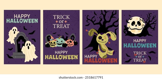 Halloween poster, covers, flyer, banner or postcards set. Hand drawn calligraphy and cute spooky elements. Vector illustration templates.
