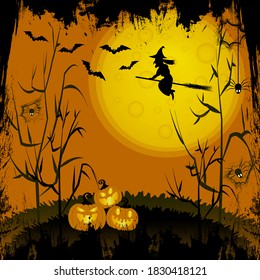 Halloween poster. Creepy holiday design for postcard, poster, flyer. Feast of All Saints. Vector illustration of terrible pumpkins, trees, spiders with cobwebs, a witch on a broomstick, bats, a huge m