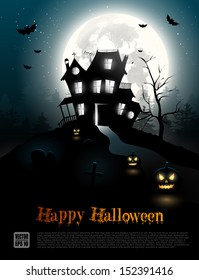 Halloween poster with creepy house in the woods 