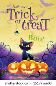 Halloween poster with cute cartoon black cat, face pumpkin and  bat on full moon background. Greeting card. Watercolor vector illustration.