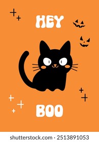 Halloween poster with cute cat and text Hey boo in groovy font. Minimal design, cute flat style, festive aesthetic greeting card. Hand drawn flyer. Happy Halloween party invitation, social media