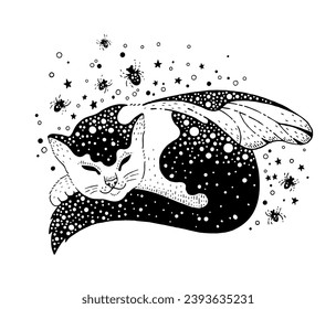 Halloween poster with cute celestial cat with butterfly wings, spiders and stars. Mystic tattoo art design with magic animal, pet with insect wings, vector sketch illustration