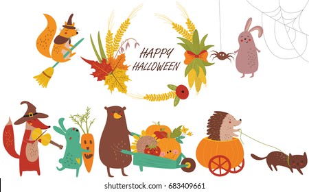 Halloween poster with cute forest animals in cartoon style