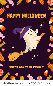 Halloween poster with cute ghost in hat and on broom, candies and typography. Multicolored illustration in flat style. Contemporary artistic design with texture for card, invitation, banner, cover.