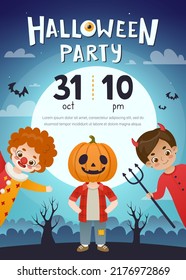 Halloween poster with cute kids in costume. Banner with adorable children in halloween costume.