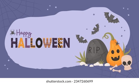 Halloween poster. Cute pumpkin lantern Jack, skull, bones, grave headstone with bats on blue background with cobwebs. Vector illustration in cartoon style. Banner horizontal for holiday design