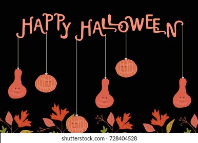 Halloween poster with cute pumpkins and fall leaves.Happy Halloween hand writing typography design.For greeting,invitation cards design.Vector illustration.