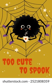 Halloween poster with cute spider in slippers and with mug and text. Flat vector illustration. Modern artistic template with texture effect for card, invitation, banner, cover.