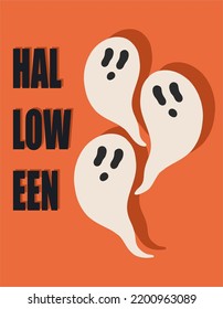 Halloween poster, cute white ghosts and lettering. Cartoon creepy character. Orange background, greeting card, party flyer, print.