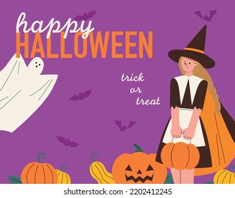 Halloween poster with cute witch holding a basket of pumpkins and flying ghosts. flat design style vector illustration.