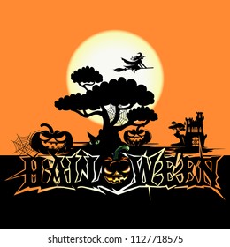 Halloween poster with dark castle. Vector illustration.