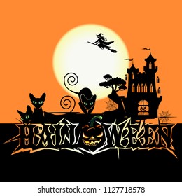 Halloween poster with dark castle. Vector illustration.