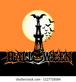Halloween poster with dark castle. Vector illustration.