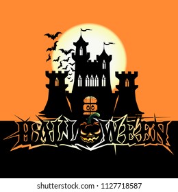 Halloween poster with dark castle. Vector illustration.